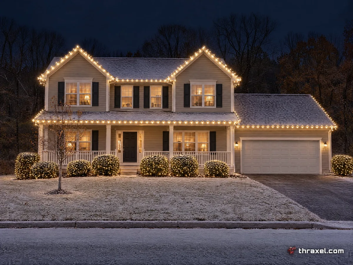 The same house at night with Thraxel warm white C9 Christmas lights