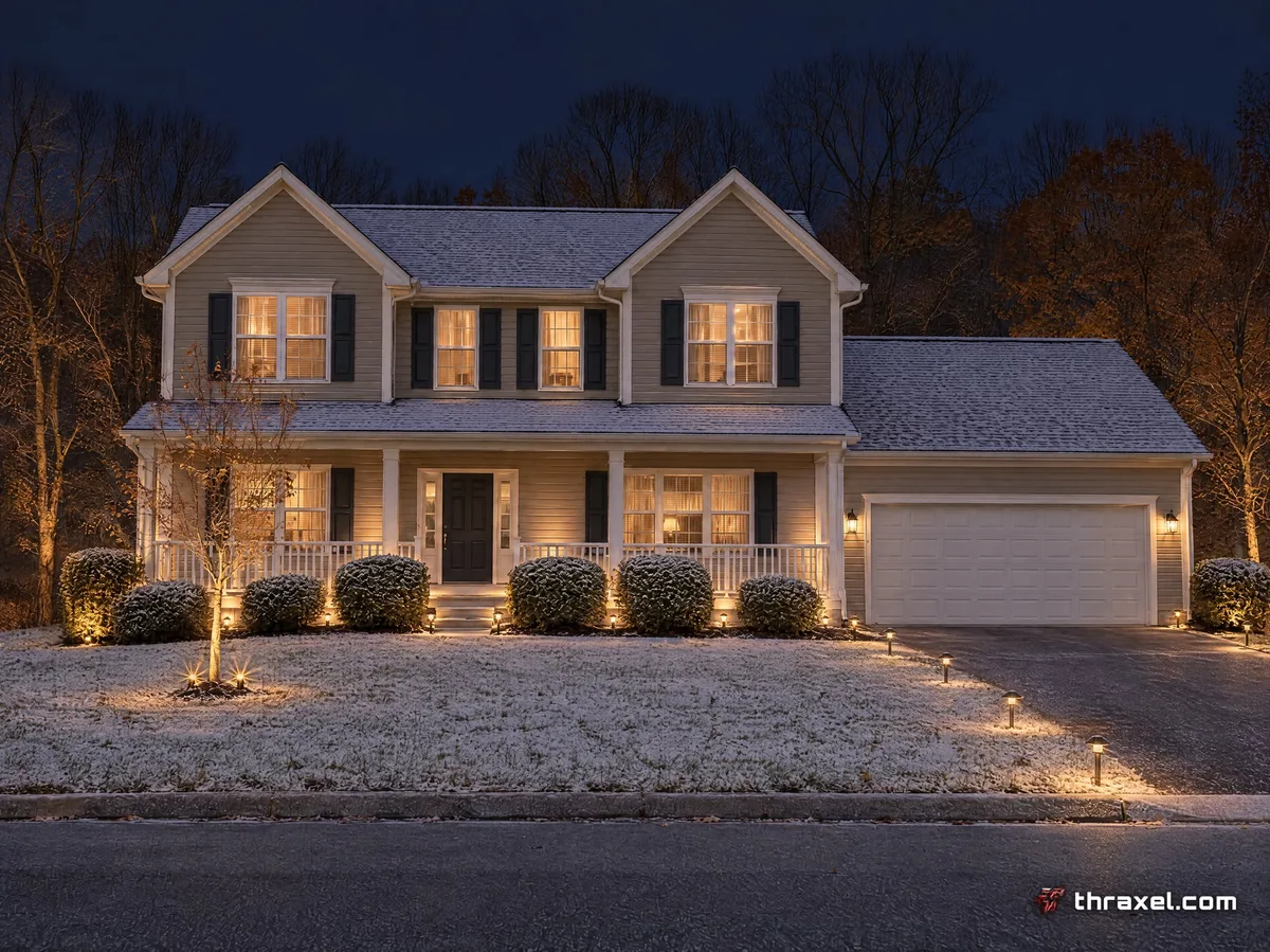 The same house at night with Thraxel landscape uplighting and path lights