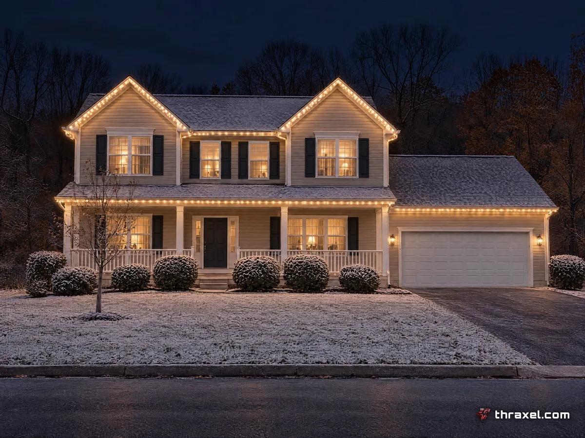 The same house at night with Thraxel permanent warm white roofline lighting
